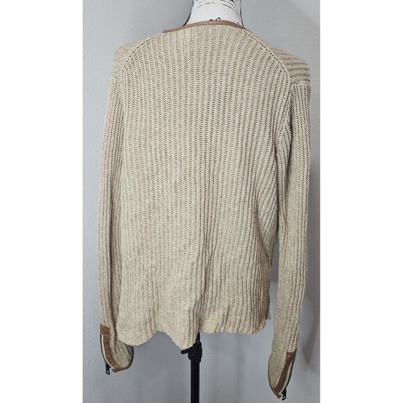 Lucky Brand Cardigan Sz L Tan Brown Chunky Knit Open Sweater Faux Leather Trim - Picture 6 of 13
